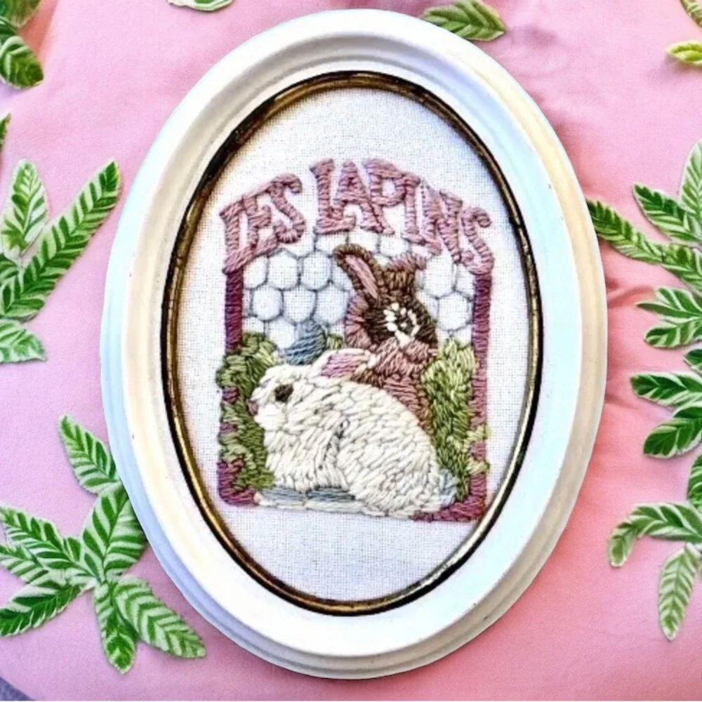 Vintage Long Needlepoint Bunny Rabbits Easter Wall Art Framed